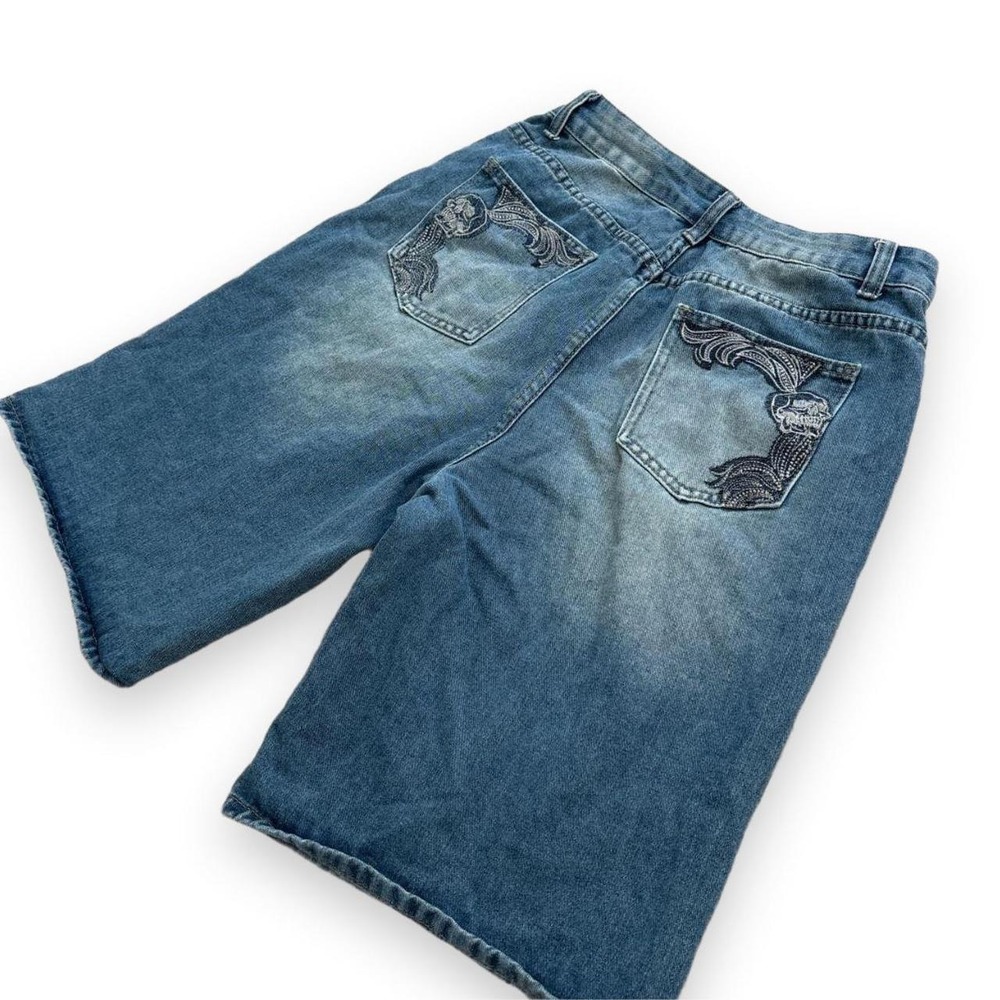 Romwe Embroidered Skull Denim Jorts Blue Baggy Bermuda Shorts Mens Large
